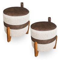 Kit 02 Puffs Le Mans Linho Bege E Corano Nozes Base De Madeira - Pallazio - 1