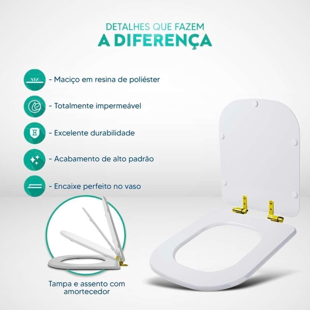 Tampa De Vaso Poliéster Com Fechamento Lento Quadra Branco Para Louça Deca Com Ferragem Dourada - 2