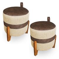 Kit 02 Puffs Le Mans Linho Dourado E Corano Nozes Base De Madeira - Pallazio - 1