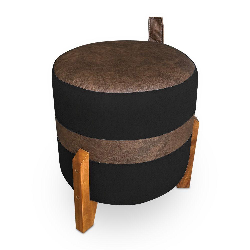 Puff Le Mans Veludo Preto E Corano Nozes Base De Madeira - Pallazio - 1