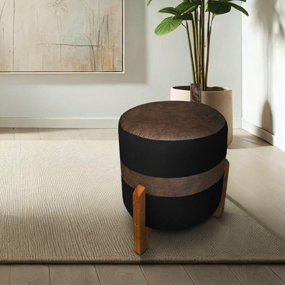 Puff Le Mans Veludo Preto E Corano Nozes Base De Madeira - Pallazio - 2