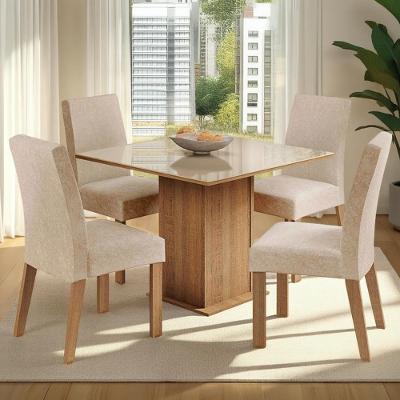 Conjunto Sala de Jantar Cecilie 4 Lugares Mesa Tampo de Vidro Rustic Crema Imperial 90x90