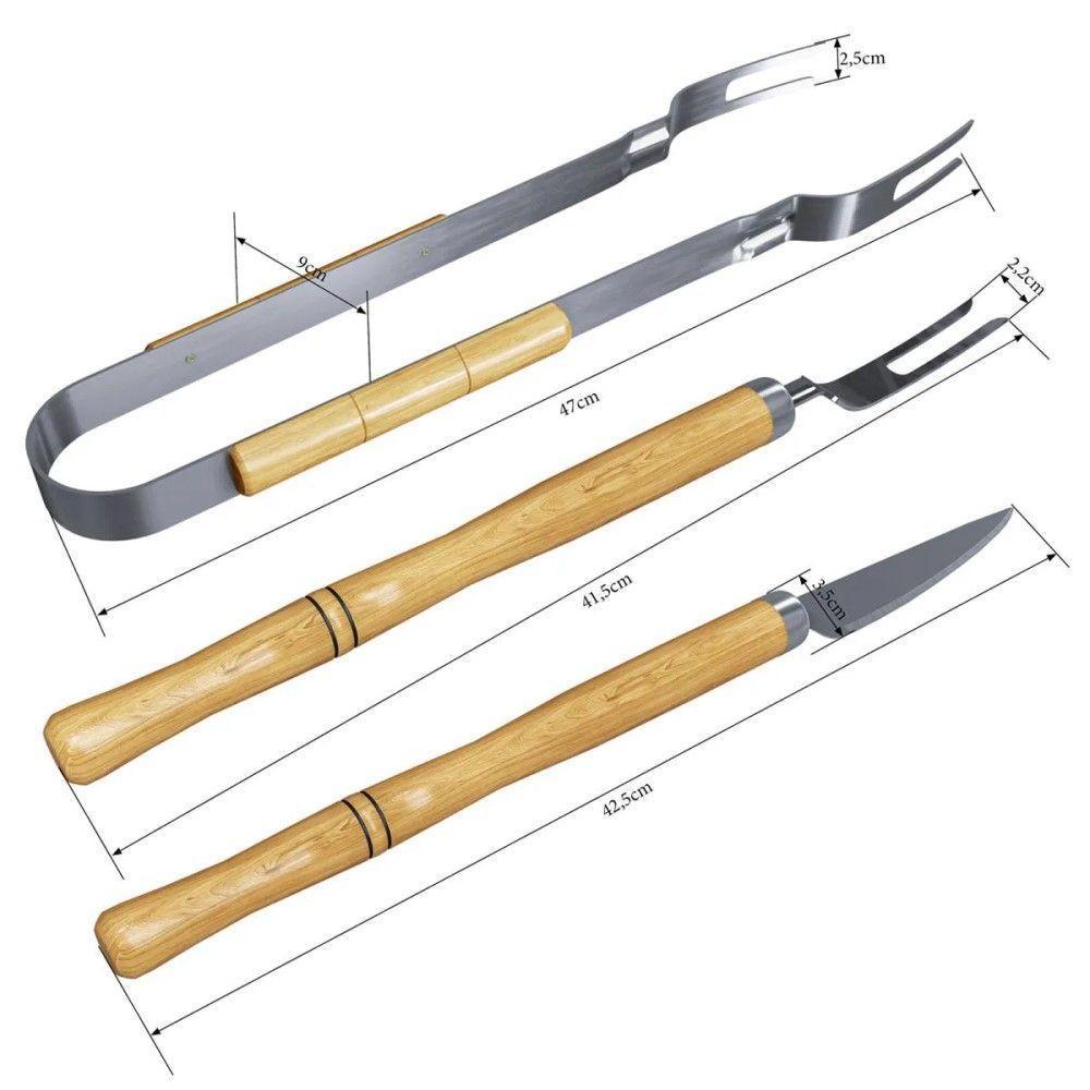Kit Churrasco 3 Peças Garfo + Faca + Pegador Em Aço Inox E Cabo De Madeira - 2