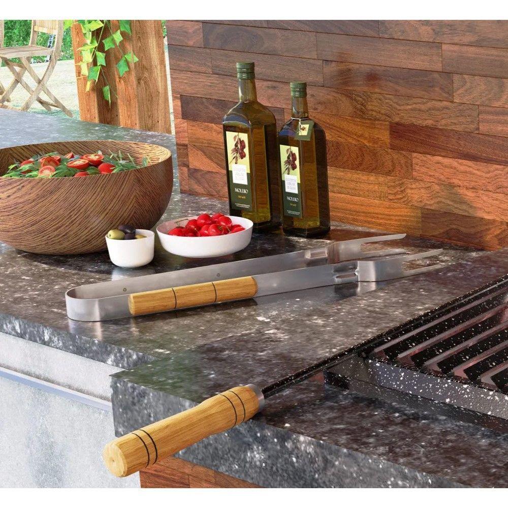 Kit Churrasco 3 Peças Garfo + Faca + Pegador Em Aço Inox E Cabo De Madeira - 3