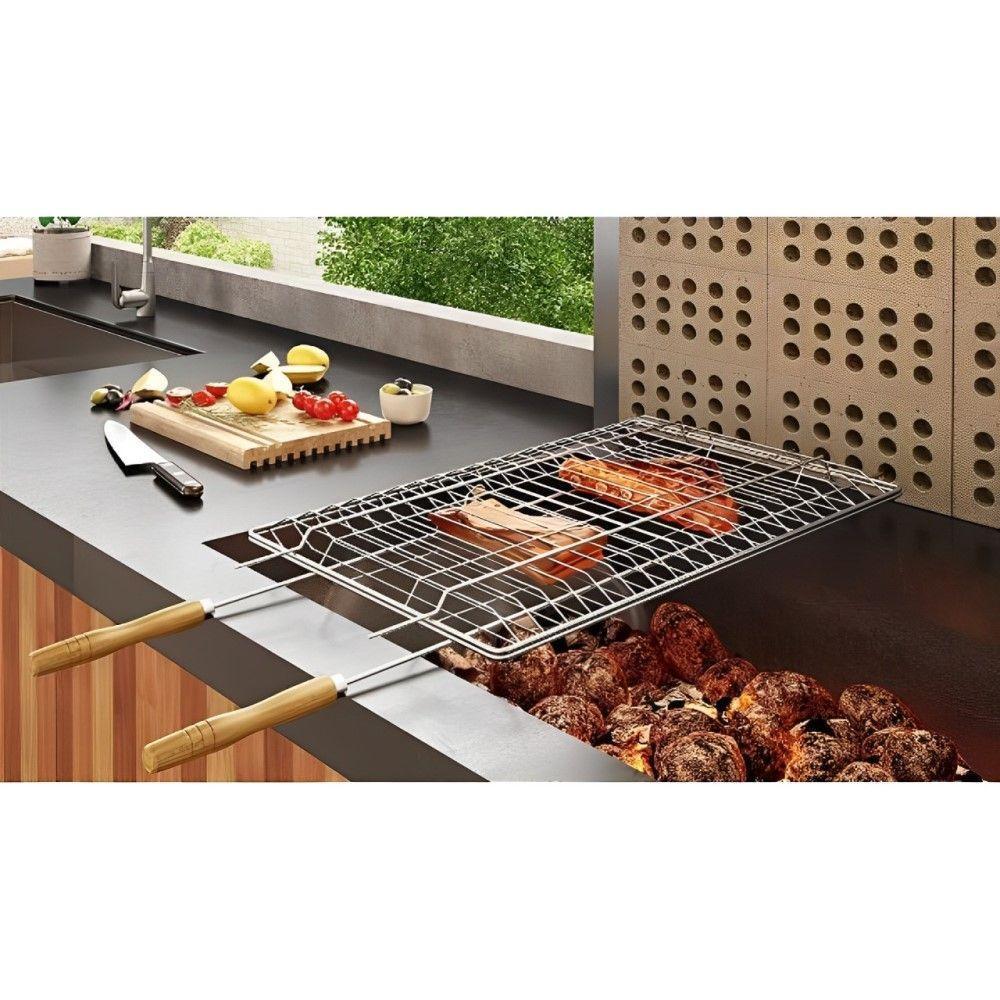 Grelha Dupla Aramada Para Churrasco E Peixe Em Aço Cromado 84x35 Cm - 3
