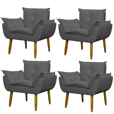 Kit 4 Poltronas Para Descanço Sala Opala Cinza