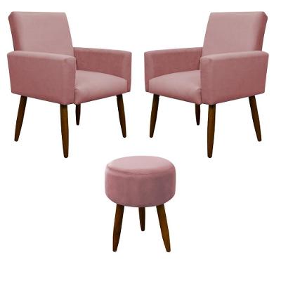 Kit 2 Poltronas Com Puff Redondo Para Sala Nina Rosa