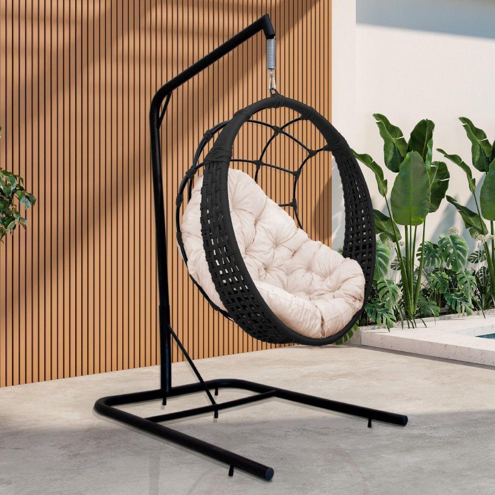 Cadeira Balanço Ninho Suspenso Em Corda Náutica Luxo Com Suporte Preto-branco - 1