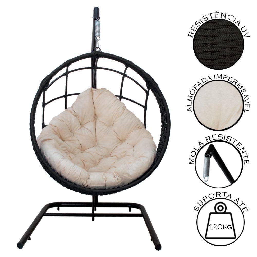 Cadeira Balanço Ninho Suspenso Em Corda Náutica Luxo Com Suporte Preto-branco - 5