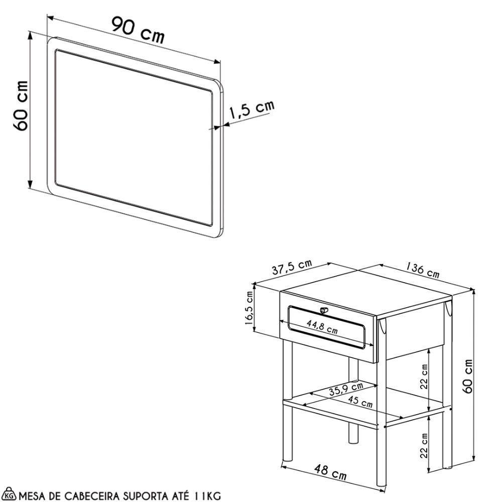 Cabeceira Solteiro 90cm E Mesa 1 Gaveta Arlo A10 Hanover - Mpozenato - 4