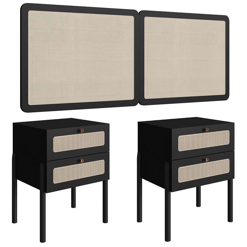 Cabeceira Casal Queen E 2 Mesas Pés Madeira Arlo A10 Nero/preto - Mpozenato - 1