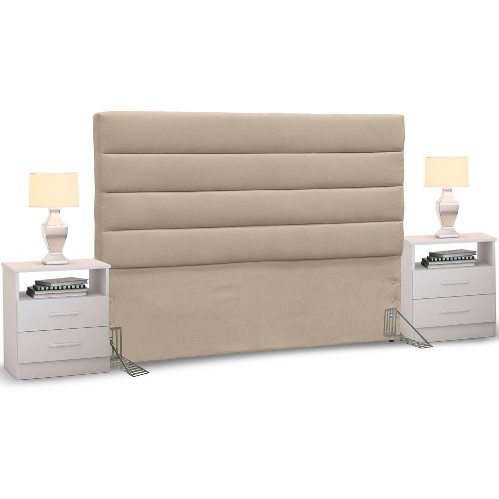 Cabeceira Cama Box Casal King 195cm Greta Suede E 2 Mesas De Cabeceira Flex Dm1 Branco - Mpozenato Suede Bege - 7