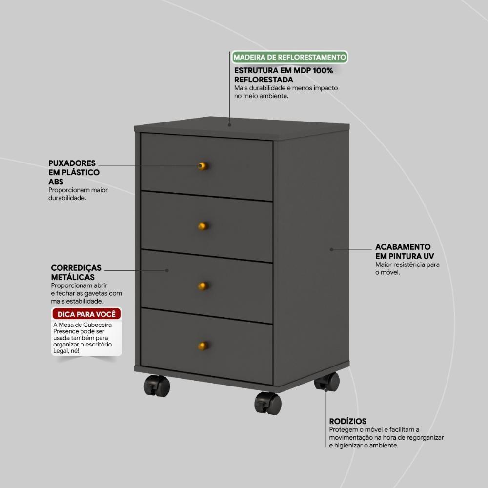 Mesa De Cabeceira 4 Gavetas Presence - Amêndola Grafito - 5