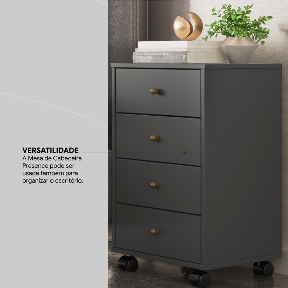 Mesa De Cabeceira 4 Gavetas Presence - Amêndola Grafito - 7