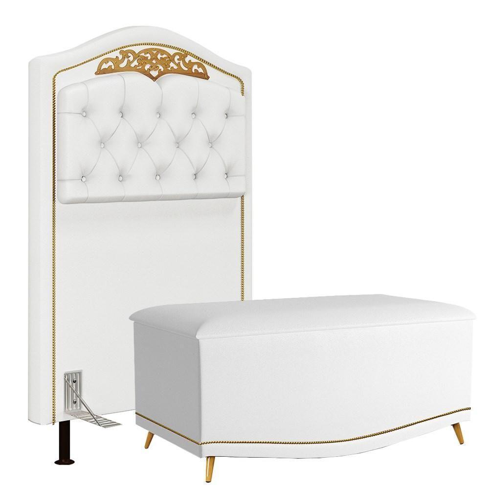 Cabeceira Cama Box Solteiro 90cm Com Calçadeira Baú Imperial J02 Sintético Branco - Mpozenato - 1