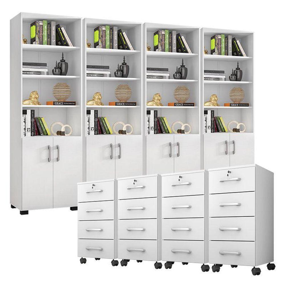 Kit 4 Gaveteiros Para Escritório Gávea Com Chave E 4 Livreiros Office Portas Pequenas Branco Fosco - Móveis Leão - 1