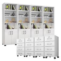 Kit 4 Gaveteiros Para Escritório Gávea Com Chave E 4 Livreiros Office Portas Pequenas Branco Fosco - Móveis Leão - 1