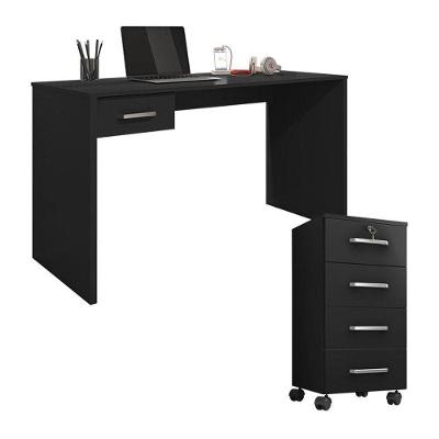 Mesa Para Computador Com Gaveta E Gaveteiro Gávea Com Chave 4 Gavetas Preto Fosco - Móveis Leão