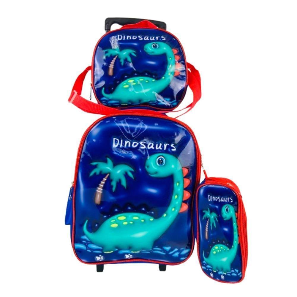 Kit Mochila Reforçada Lancheira E Estojo Dino Azul Rodinhas - 1