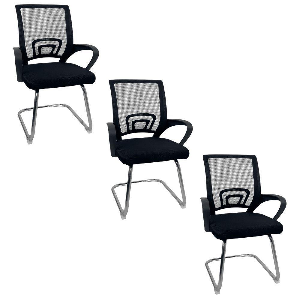 Kit 3 Cadeiras De Escritório Begonia Oficial Tela Mesh Fixa Preto - 1