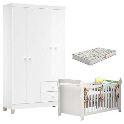 Berço Americano Lara com Colchão Gazin e Guarda Roupa 4 Portas Branco Incorplac