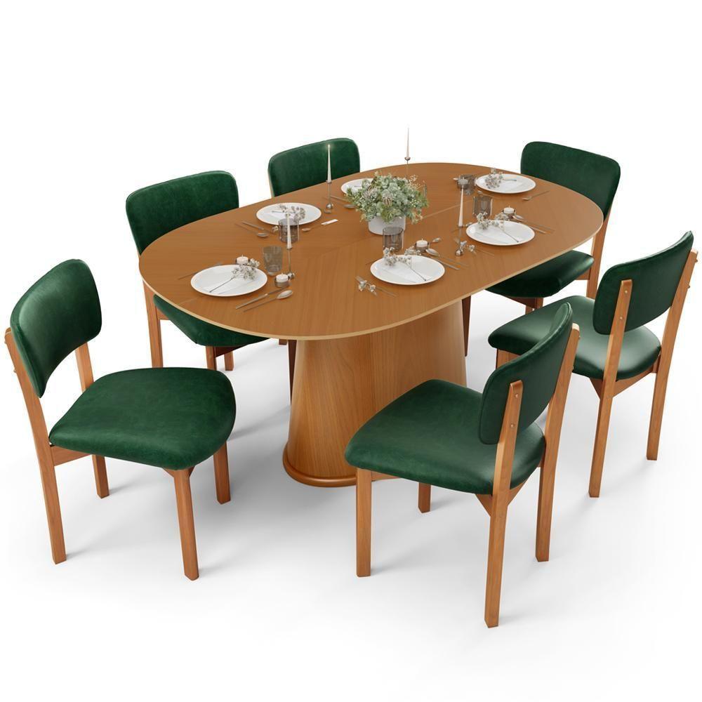 Mesa Para Sala De Jantar Valência Com 06 Cadeiras Sala De Jantar Dara L02 Couríssimo Verde Musgo - Lyam Decor - 1