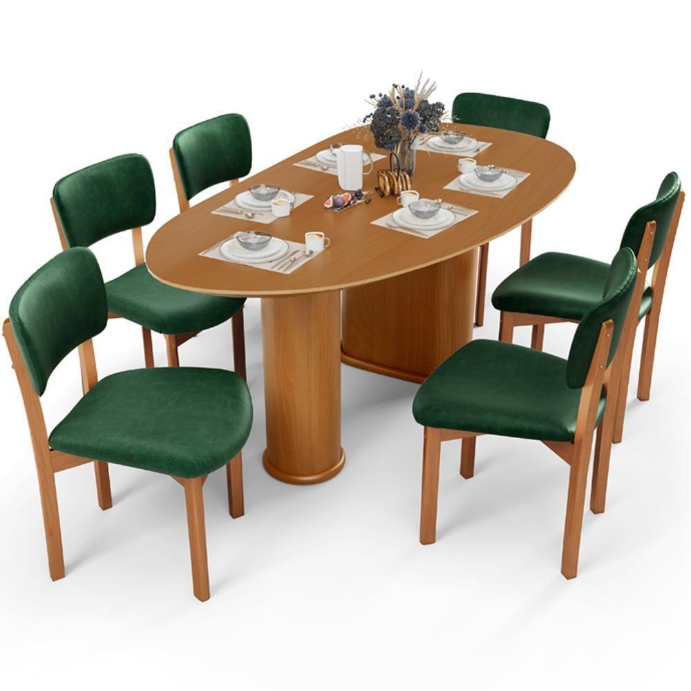 Mesa Para Sala De Jantar Ourense Com 06 Cadeiras Sala De Jantar Dara L02 Couríssimo Verde Musgo - Lyam Decor - 1