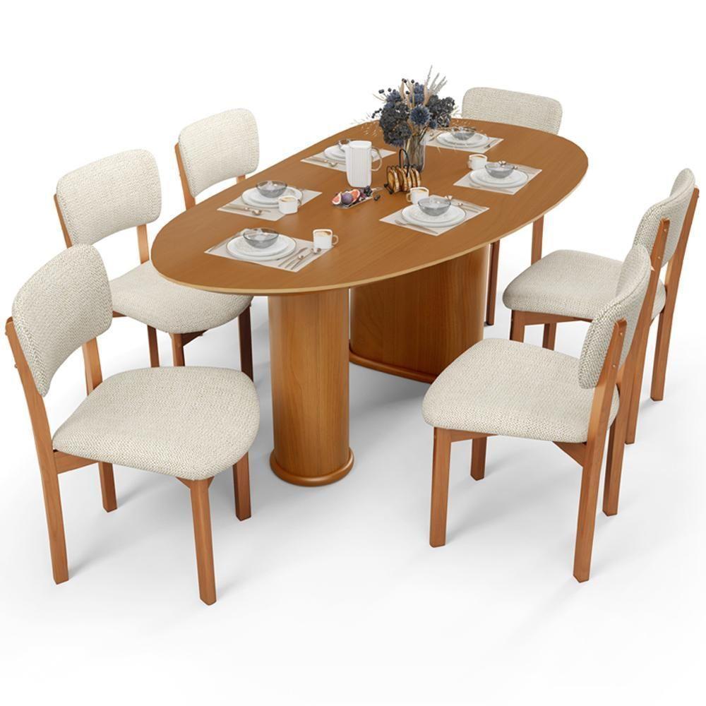 Mesa Para Sala De Jantar Ourense Com 06 Cadeiras Sala De Jantar Dara L02 Linho Champagne - Lyam Decor - 1