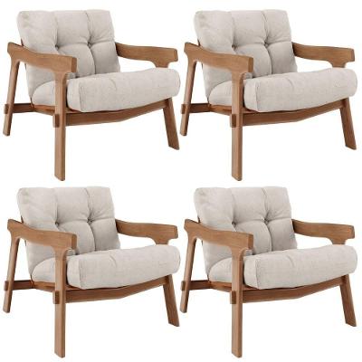 Kit 4 Poltronas Fixa Ikary L02 Para Sala Linho Corino Bege Marrom Lyam Decor