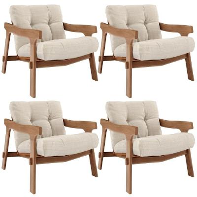 Kit 04 Poltronas Decorativa Fixa Ikary L02 Sala Living Linho Palha Marrom Bege Lyam Decor