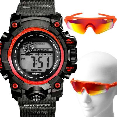 Relogio Masculino Prova Dagua Digital + Oculos Protecao Uv Esportivo Pulseira Ajustavel Acetato Bike