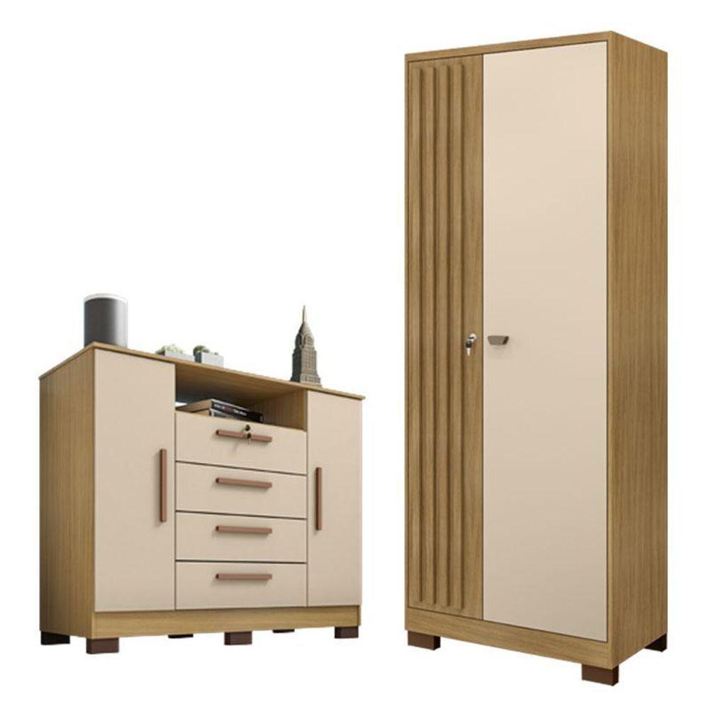 Comôda Madri Com Armário Multiuso Versátile Carvalho Americano Off White - Incorplac - 1