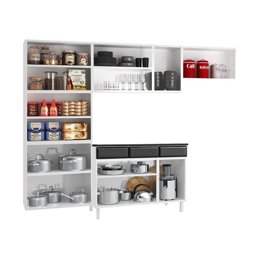 Cozinha Completa Modulada Aço 4 Peças Com Balcão Com Tampo Multimóveis Cr20370 Branco-preto - 4