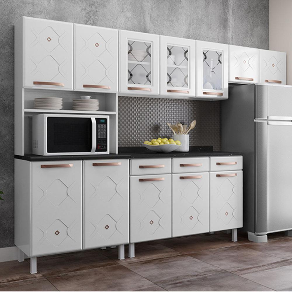 Cozinha Completa Modulada De Aço 4 Peças Com Vidros E Balcão Multimóveis Cr20353 Branco - 1