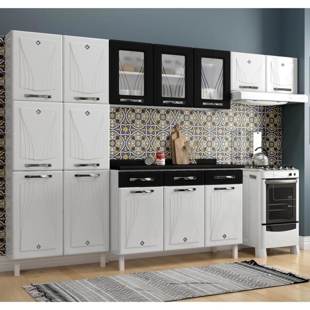 Cozinha Completa Modulada De Aço 4 Peças Com Vidros E Balcão Multimóveis Cr20356 Branco-preto - 1
