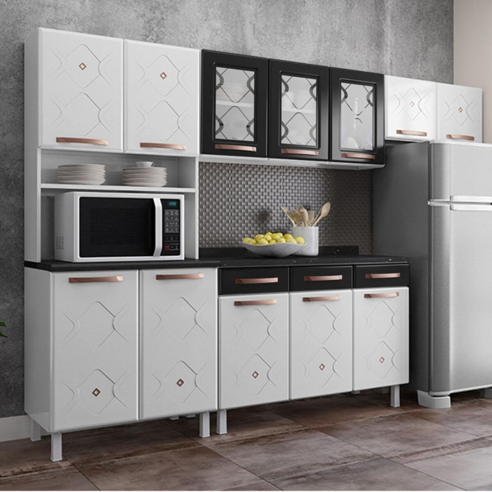Cozinha Completa Modulada De Aço 4 Peças Com Vidros E Balcão Multimóveis Cr20353 Branco-preto - 1