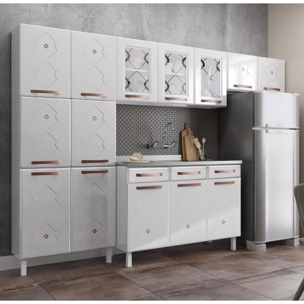 Cozinha Completa Modulada De Aço 4 Peças Com Vidros E Gabinete Pia Multimóveis Cr20352 Branco - 1