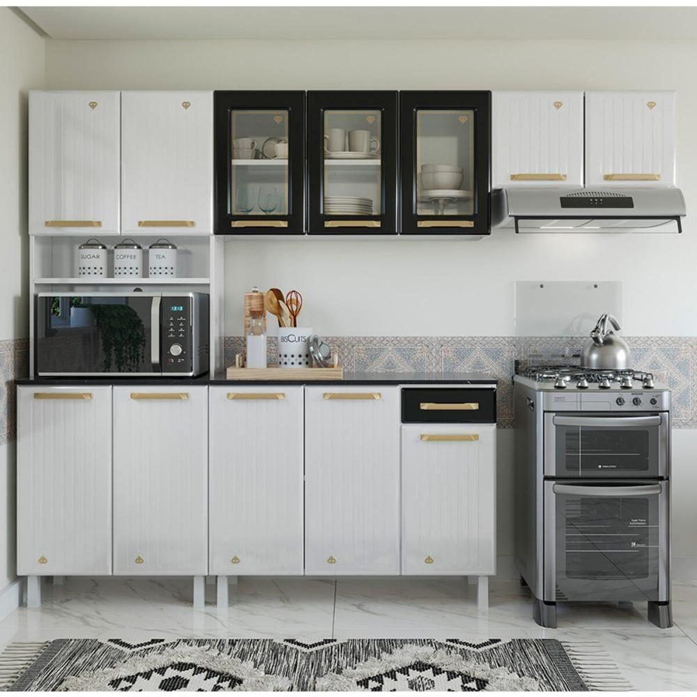 Cozinha Completa De Aço 4 Peças Armário Para Forno-micro E Balcão Multimóveis Cr20371 Branco-preto - 1