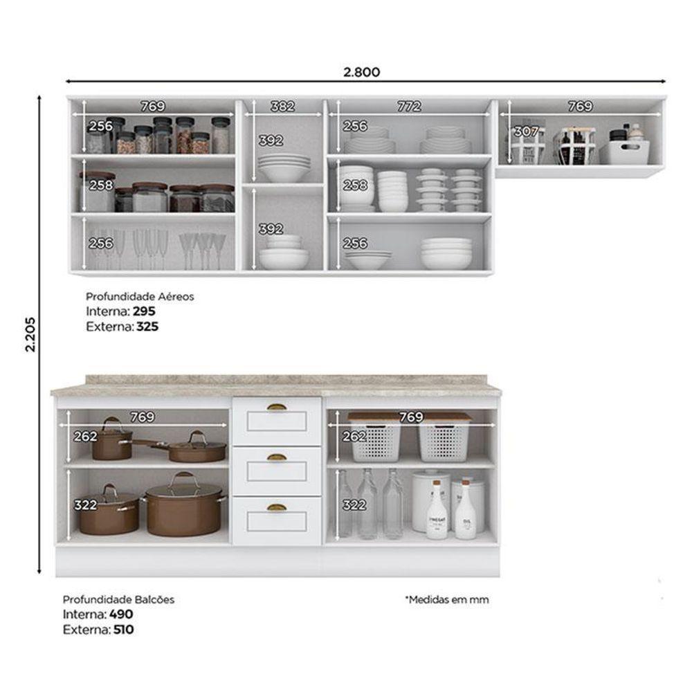 Cozinha Modulada Nova York 6 Peças Branco Hp Com Tampo Calcare - Henn - 2