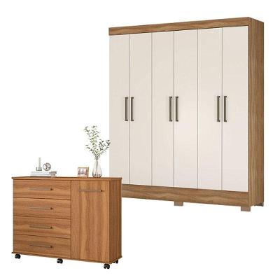 Cômoda e Guarda Roupa Casal Flora Verso 1 Porta 4 Gavetas MDP 125cm Amêndoa Demóbile