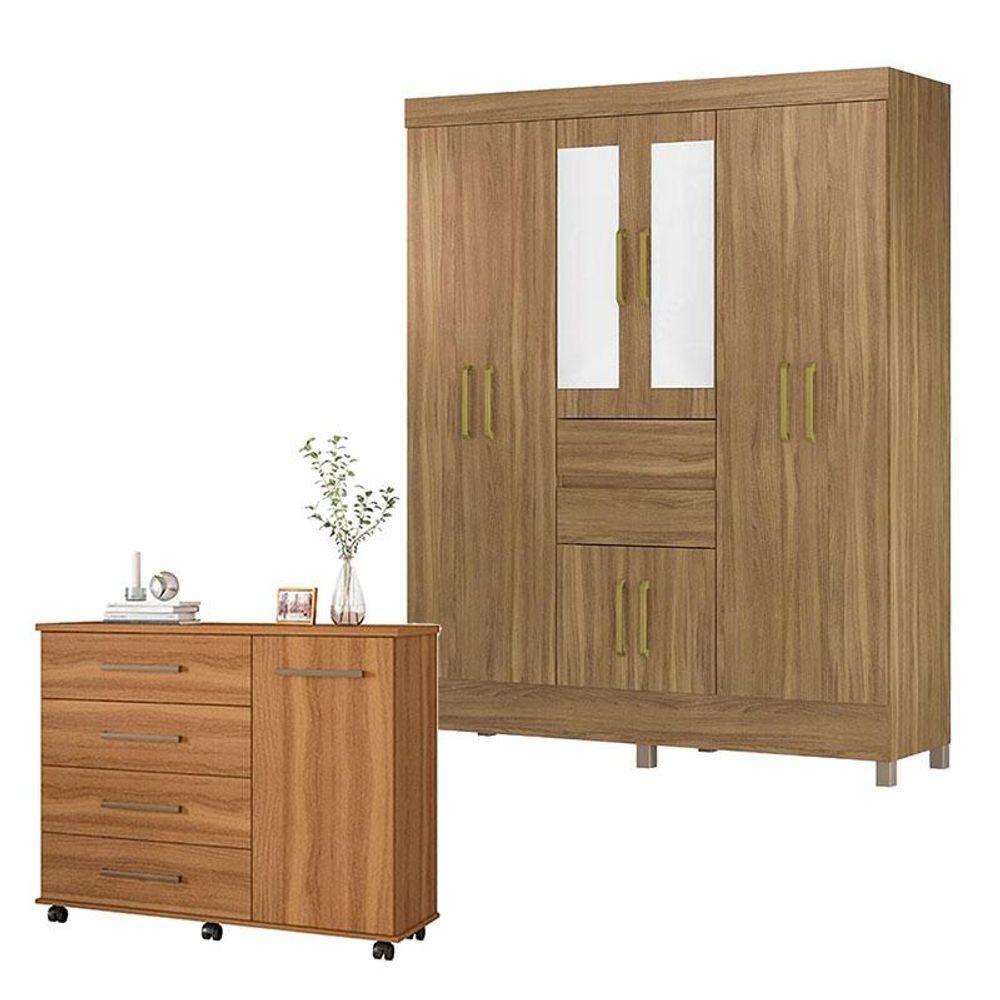 Cômoda Flora E Guarda Roupa Casal Munique Amêndola Touch Com Espelho - Demóbile - 1