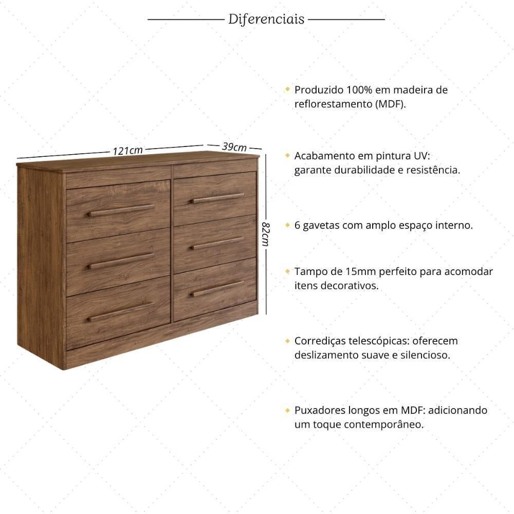 Cômoda Com 6 Gavetas 121cm Multimóveis Cr35263 Castanho - 3