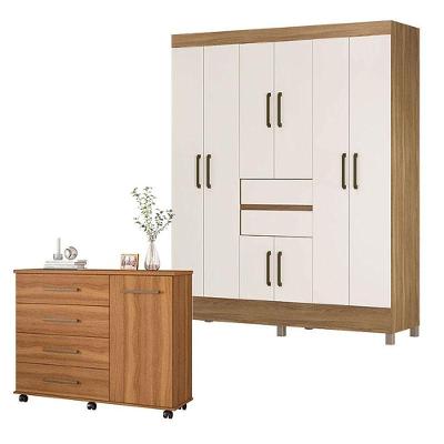 Cômoda e Guarda Roupa Casal Flora Munique 8 Portas 2 Gavetas em MDP Amêndola Off White