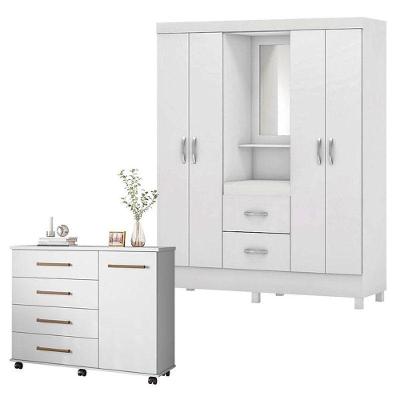 Cômoda e Guarda Roupa Casal Flora Lord 5 Portas 6 Gavetas em MDP Branco Flex