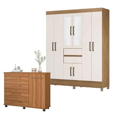 Cômoda e Guarda Roupa Casal Flora Munique 8 Portas 6 Gavetas em MDP com Espelho Amêndola Off White