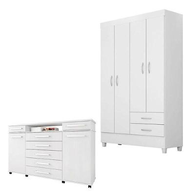 Cômoda e Guarda Roupa Solteiro London Astro 6 Portas 9 Gavetas em MDP com Cabideiro Branco Flex