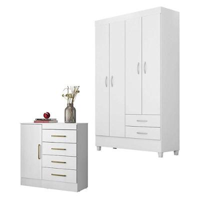 Cômoda e Guarda Roupa Solteiro Montevidéu Astro 5 Portas 6 Gavetas MDP Branco Flex