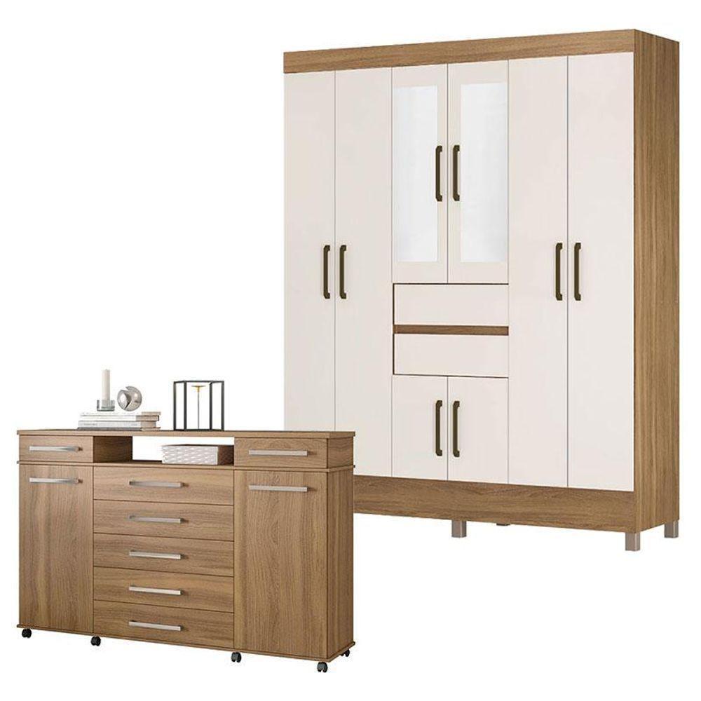 Cômoda London E Guarda Roupa Casal Munique Amêndola Off White Com Espelho - Demóbile - 1