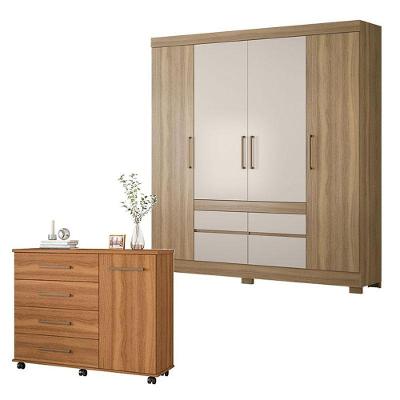 Cômoda e Guarda Roupa Casal Flora Bilbao 5 Portas Giratórias 8 Gavetas MDP Amêndola Off White