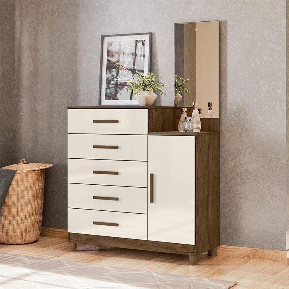Cômoda Sapateiro Lisboa Castanho Wood Off White Com Espelho - Moval - 5